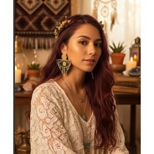 Kay Lee Glass Beaded Triamgle Evil Eye Earrings New